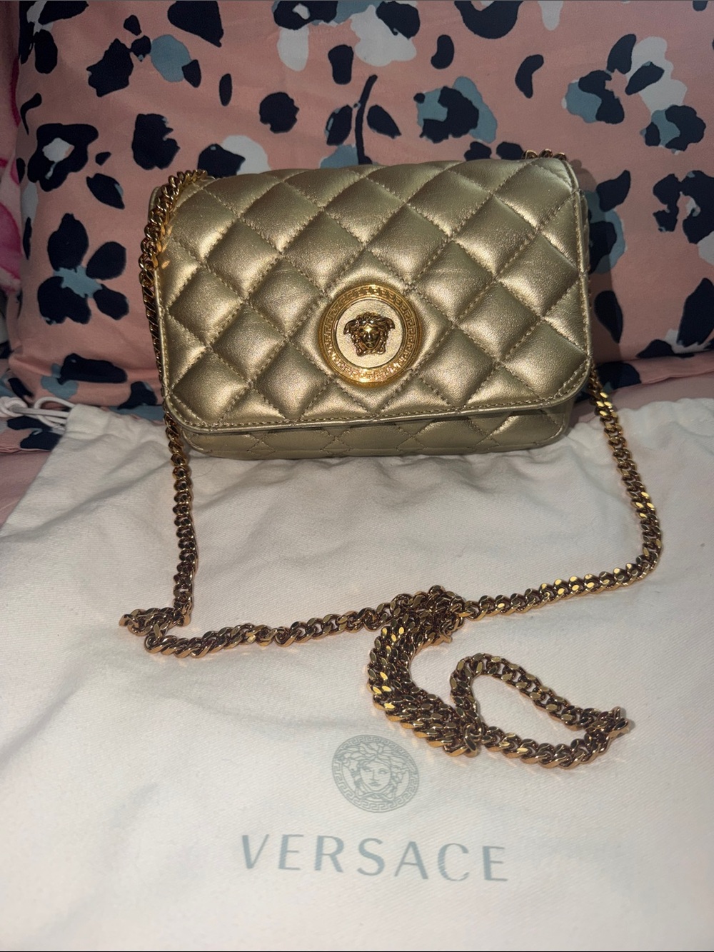 Versace Gold Quilted Crossbody with Medusa Emblem